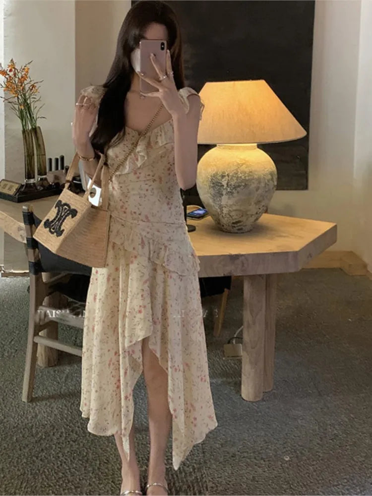 Territory 2024 Spring And Summer Sweet Flying Sleeve Floral Halter Dress Female Design Sense Holiday Wind Fairy Print Long Dress