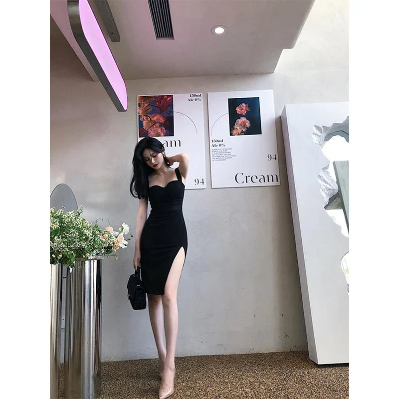 Territory Elegant Split Midi Dress Women Black Sexy Spaghetti Straps Slit Slim One Pieces Dresses Korean Party Prom Bodycon Vestidos