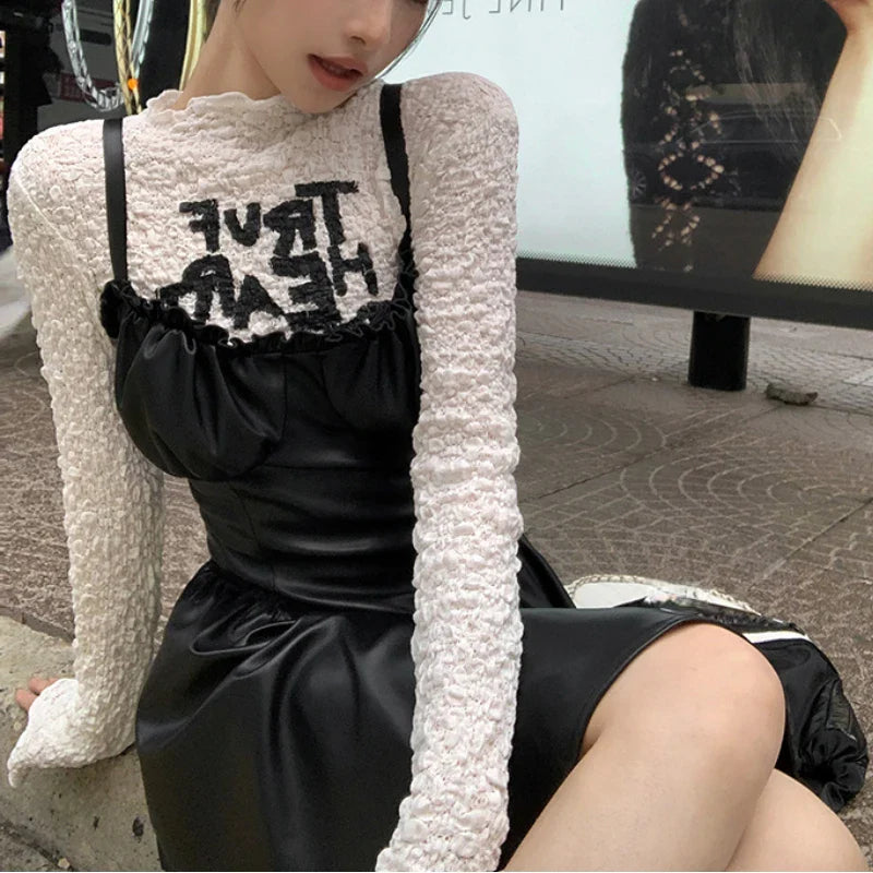 Territory 2024 Spring New Streetwear Sexy Slim Leather Sling Dress Women + Letter Print Pleated Casual Long Sleeve T-Shirt Two-Piece Suit