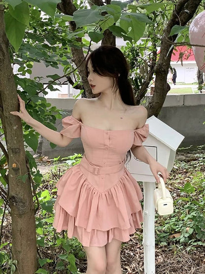 Territory Pink Mini Dress Women Sweet One Piece Dress Korean Fashion Sexy High Waist Lolita Dresses Slim Party Club Dress Summer Clothes