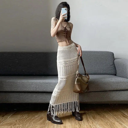 Territory Apricot Embroidery Pattern Sexy All-Match Self-Cultivation Mature Feminine Simple Women'S Long Tassel Skirt