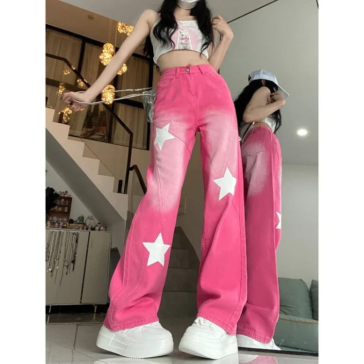 Territory American Vintage Star Print Street Denim Pants 2024 Autumn Sweet Pink Trousers Women Y2k Grunge High Waist Wide Leg