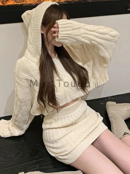 Territory Beige Sweater Two Piece Set Women Korean Elegant Party Mini Skirt Set Female Casual Designer Knitted Skirt Suit Autumn New