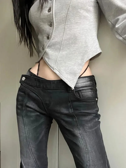 Territory American Street Low-waisted Flare Pants Black Gray Gradient Denim Trousers Y2k Vintage Washed Straight Wide Leg Jeans