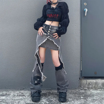 Territory Harajuku Vintage Y2k Skirts Leg Warmers Denim Mini Skirt Irregular Patchwork Raw Edge Design Streetwear Gyaru Women's Clothing