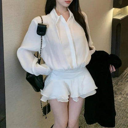 Territory Polo Collar Single-breasted Sexy Slim Long-sleeved Dress Women 2024 Spring New Korean Ruffles Solid Color Casual Mini Dress