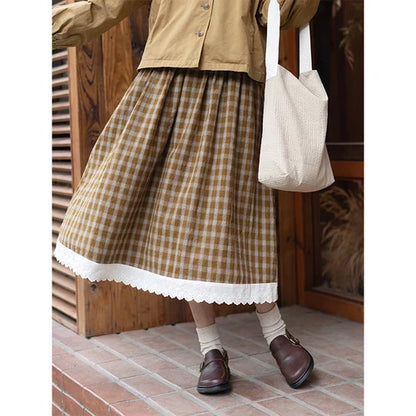 Territory Harajuku Plaid Long Skirts Women Japanese Vintage Lace Preppy High Waist A Line Midi Skirt Korean Fashion Casual Female Faldas