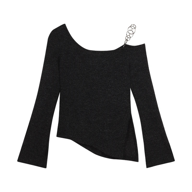 Territory Korean Strapless Chain Sexy Knitted Long-sleeved T-shirt Women 2024 Spring New High Street Fashion All Match Asymmetric Tops