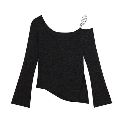 Territory Korean Strapless Chain Sexy Knitted Long-sleeved T-shirt Women 2024 Spring New High Street Fashion All Match Asymmetric Tops