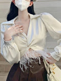 Territory Autumn White Sexy Designer Blouse Women Puff Sleeve Korean Fashion Tops Female V-neck Long Sleeve Elegant Vintage Blouse