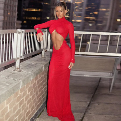 Territory Sexy Cut Out Backless Red Party Dress Women Elegant Luxury Turtleneck Long Sleeve Maxi Dresses Evening Gown