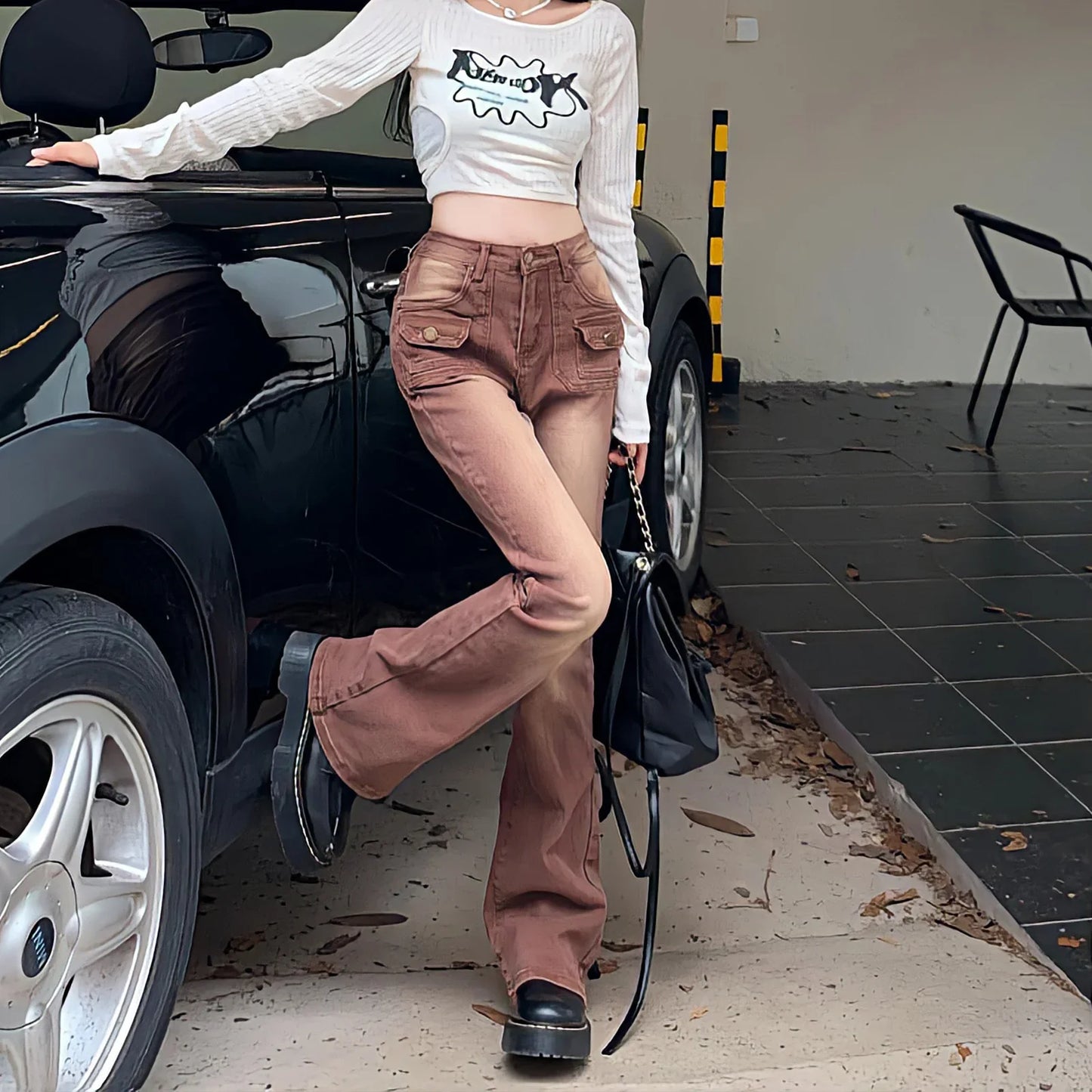 Territory Flared Jeans Women High Waist Straight Baggy Brown Pants Vintage 90s Streetwear Y2k Cargo Pants Fashion Wide Leg Denim Trousers