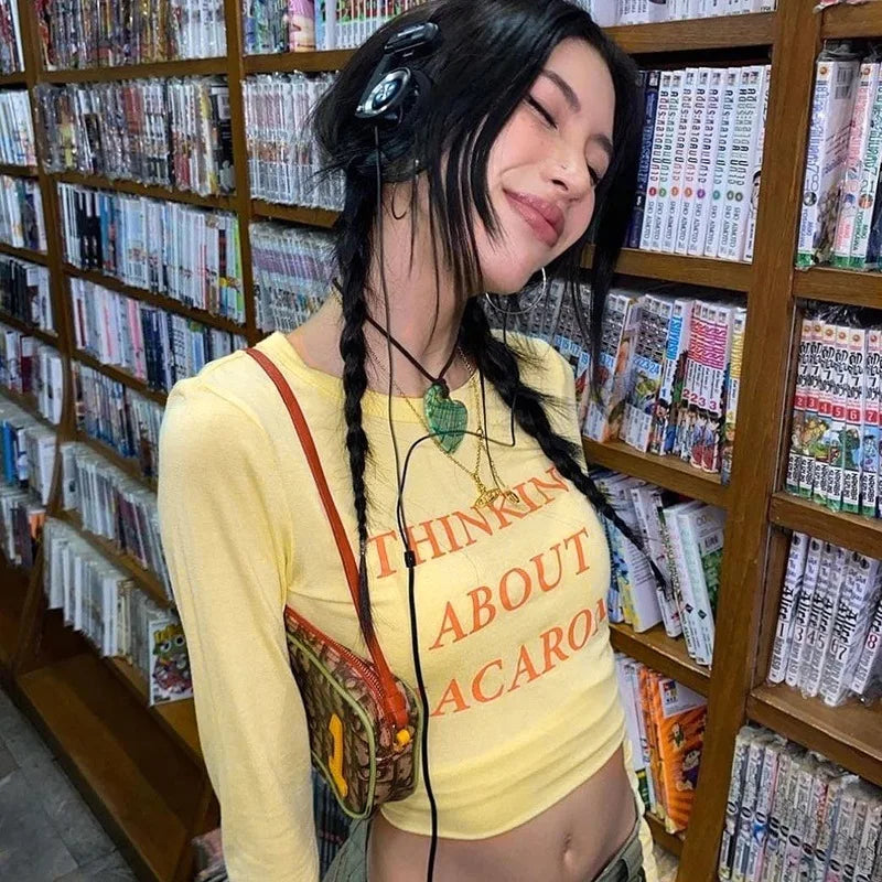 Territory 90s Vintage Letter Print Yellow Baby Tees Women Autumn Y2K Street Style Basic O-neck Long Sleeve Crop T-shirt Retro Slim