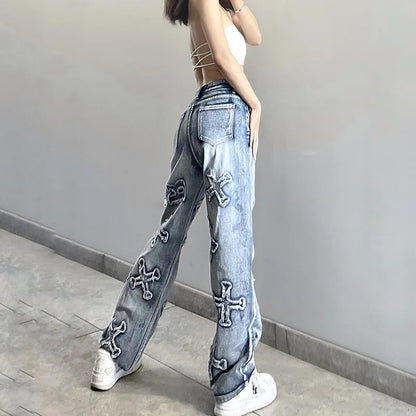 Territory Patchwork Women's Jeans Y2K Streetwear Baggy Straight Cargo Pants Punk High Waist Wide Leg Denim Trousers 90s Vintage