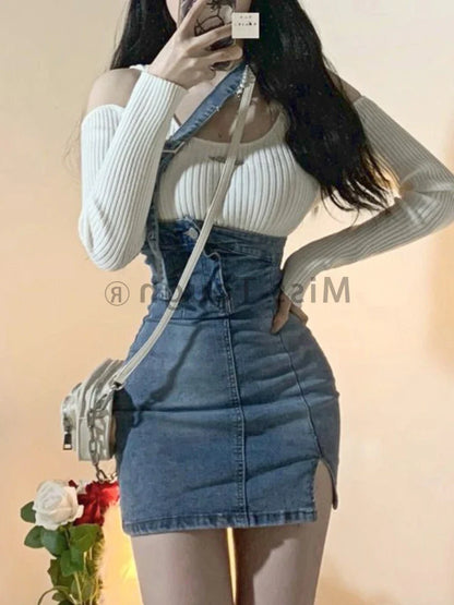 Territory Blue Vintage Knitted Two Piece Set Women Sexy Denim Party Mini Skirt Set Female Split Casual Fashion Skirt Suit Autumn New