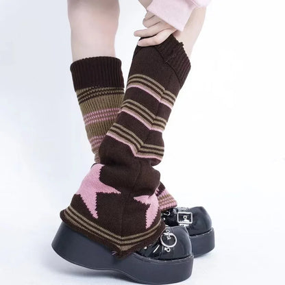 Territory Japanese Striped Brown Star Leg Warmers Knitted Double-sided Woolen Stocking Flared Y2K Leg Cover Jk Winter Stocking Stockings