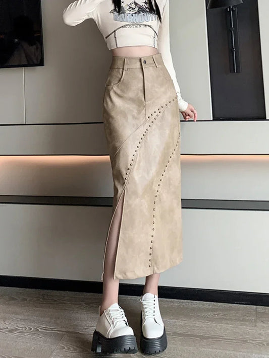 Territory PU Leather Skirts High Waist Heavy Rivet Forked Solid Color Female Slim Skirt Y2k Harajuku Vintage Women Clothing Spring Autumn