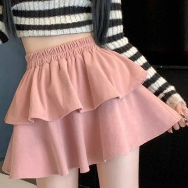 Territory Pleated Corduroy A-line Skirt Pink Women Ruffles Sweet Elastic Elastic Waist Mini Skirts Gothic Slim Tutu Skirt Hotsweet Faldas