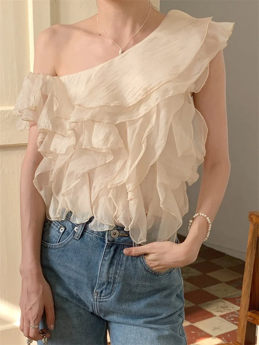 Territory S-M Apricot Blouses Ruffles Daily Summer Gentle Skew Collar Tank Tops Slim New Elegant Office Lady Chic Solid