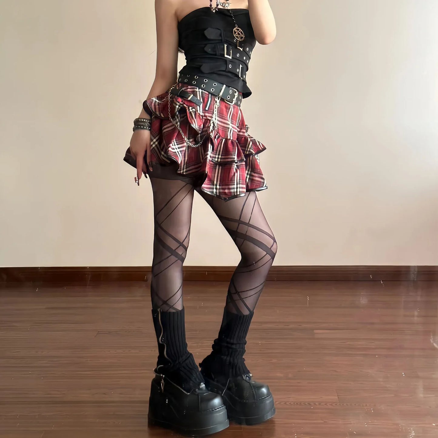 Territory Korean Japanese Sweet Hot Clothes Gothic Punk Skirts Y2k Streetwear Dark Aesthetics Pleated Ball Gown Plaid Stripe Mini Skirt