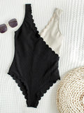 Territory Black Splicing Swimwear Sexy Ribbed Scalloped High Cut One Piece Bathing Suits Fashion Summer Beach Women Bodysuit Swimsuit