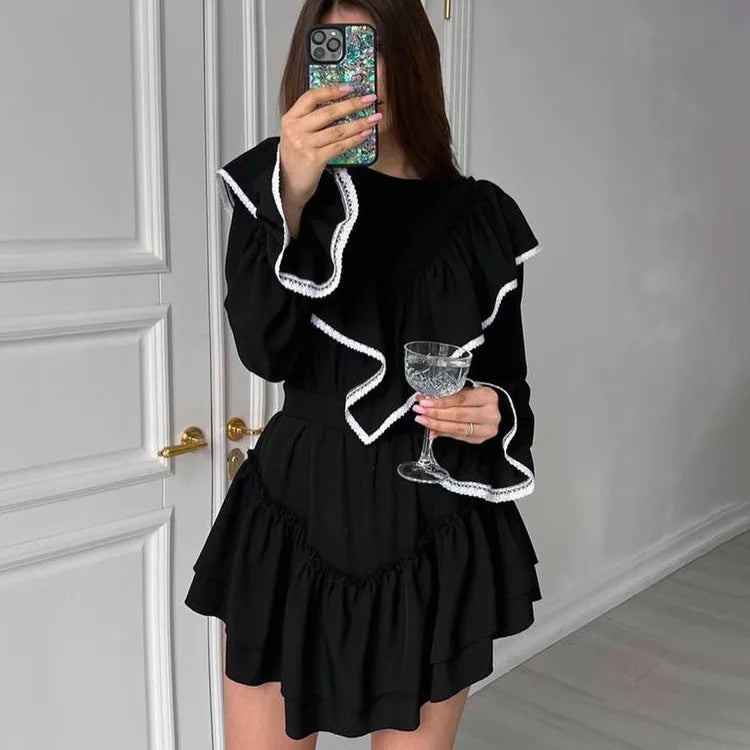 Territory Lace Splice Folds Mini Dress For Women Autumn Slim Black Women's Dresses Streetwear Temperament Vestido De Mujer New