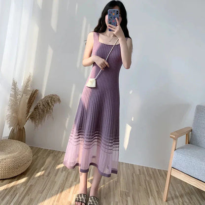 Territory Elegant Striped Midi Dress Women Mesh Patchwork Spaghetti Strap One Pieces Dresses Korean Slim A Line Vestidos Spring Summer New