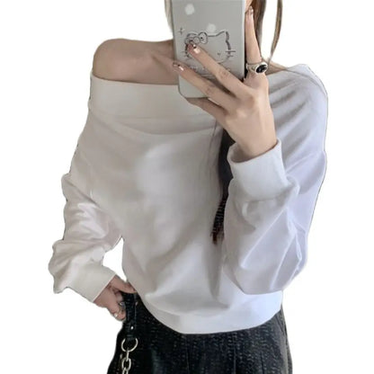 Territory  All Match Sweatshirts Women Slash Neck Sexy Slim Office Lady Full Sleeve Autumn Vintage Off Shoulders Daily