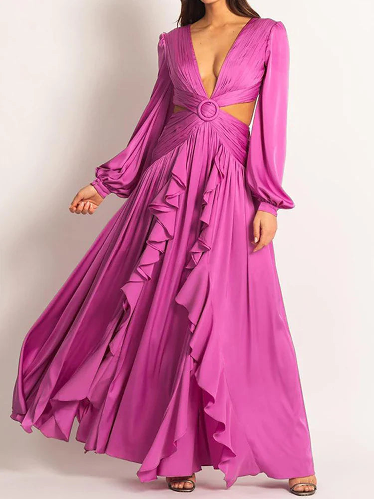 Territory Maxi Dresses Women Loose Hem Long Sleeve Party Dresses Female Side Hollow Out V Neck Sexy Long Dresses Solid