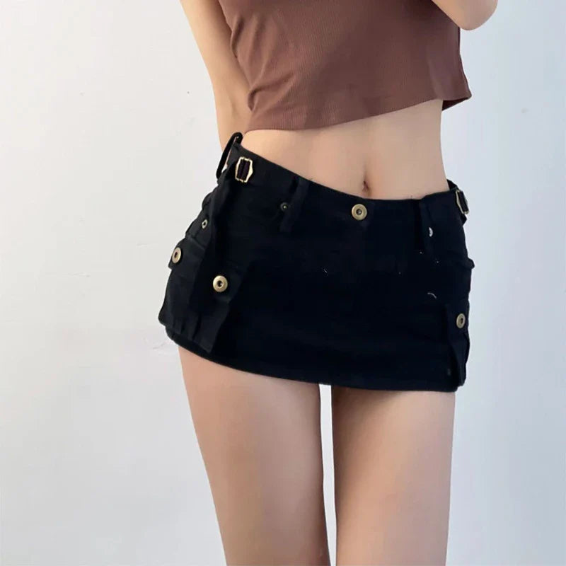 Territory Denim Cargo Mini Skirt Women Korean Style Low Waist Slim Sexy Vintage Streetwear Green Jean Skirt Y2k Girl Summer