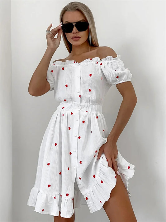 Territory Ruffled Printed Patchwork Mini Dress For Women Off-Shoulder Fashion High Waist Gown Party Dress Summer Ladies Dress 2024