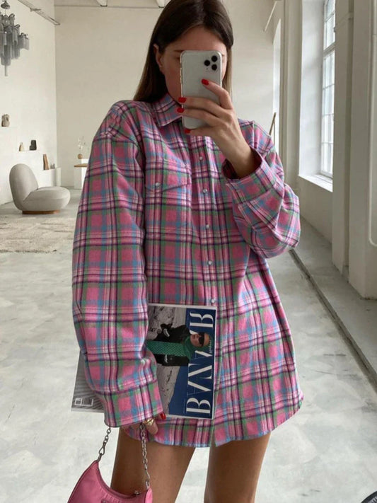 Territory Plaid Blouse Women Pink Retro Casual Loose Long Sleeve Womens Tops Autumn Trun Down Fashion Cotton Shirts Ladies Autumn