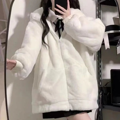 Territory  Women Zip Hoodie Thicken Fuzzy Fleece Sweatshirts Harajuku Bear Ear Oversize White Coats Cute Soft Winter Outerwear New