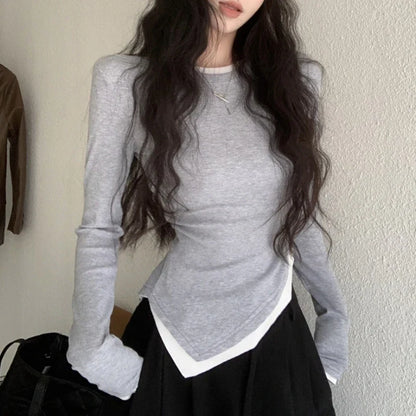 Territory O-neck Sexy Slim Asymmetric Long-sleeved T-shirt Women Autumn New Streetwear Contrast Color Patchwork Casual Tops