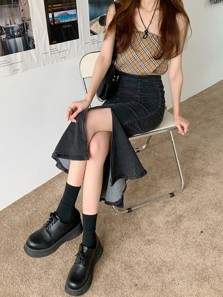 Territory Black Denim Long Skirt Women Vintage High Waist Split Bodycon Ruffles Pencil Mermaid Midi Skirt Summer Japanese Fashion