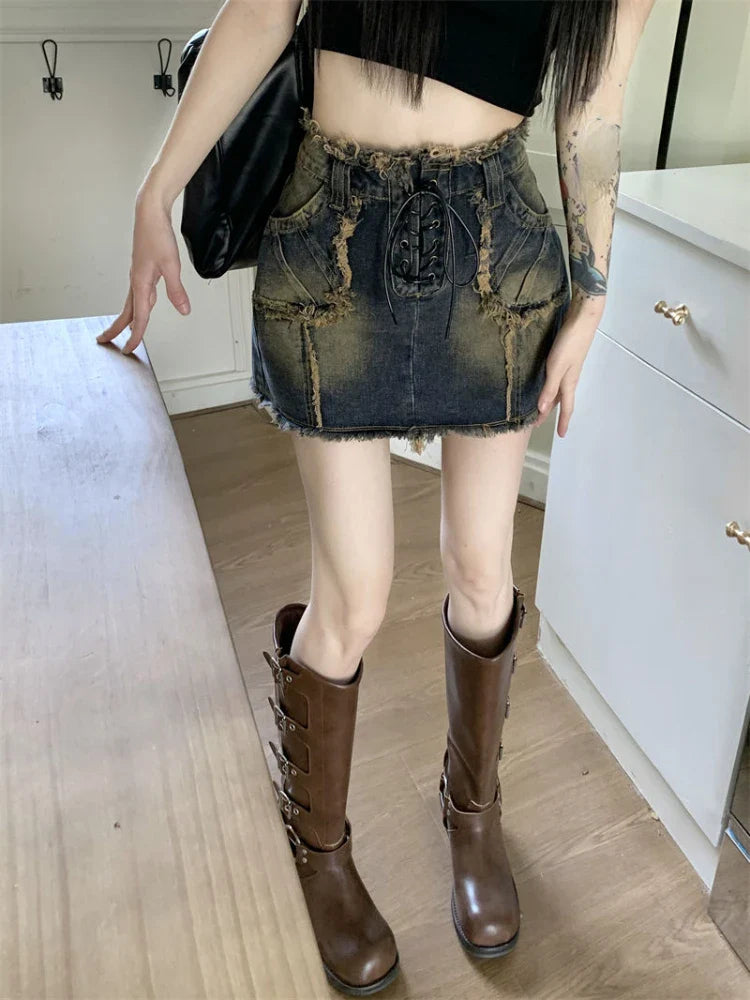 Territory American Vintage Denim Skirts for Women Bandage Raw Edge Pockets Design High Waist Mini Skirt Summer Y2k Gyaru 2024 New Clothing