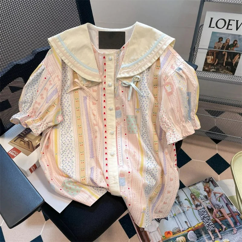 Territory Japanese Style Sweet Pink Bow Women Shirts Summer Kawaii Cute Sailor Collar Tops Print Harajuku Y2k Blouses Losse Striped Camisa