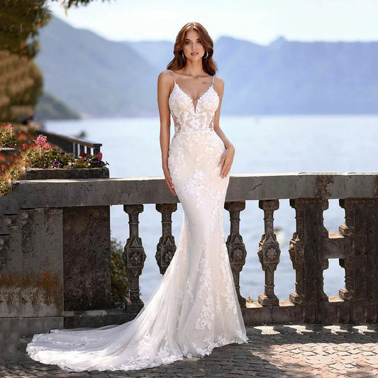 Territory Luxury Lace Mermaid Wedding Dresses Spaghetti Strap V Neck Backless Boho Bridal Gowns Women Brides Party Wedding Gowns