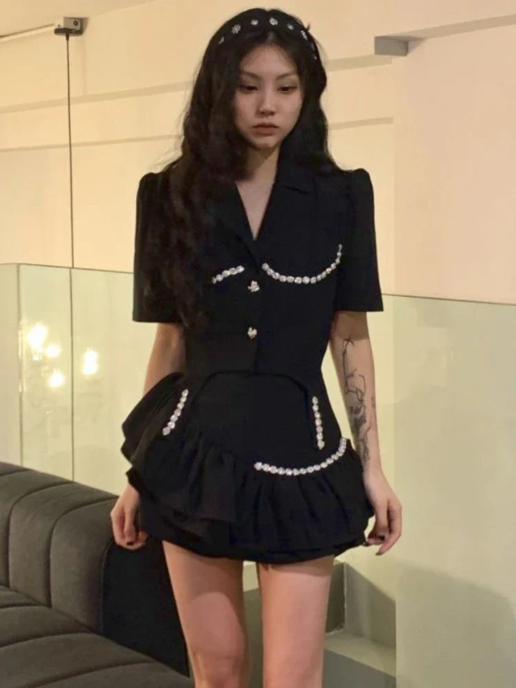 Territory Black Sexy Vintage Two Piece Set Women Korean Fashion Elegant Party Mini Skirt Set Female Button Casual Retro Skirt Suit