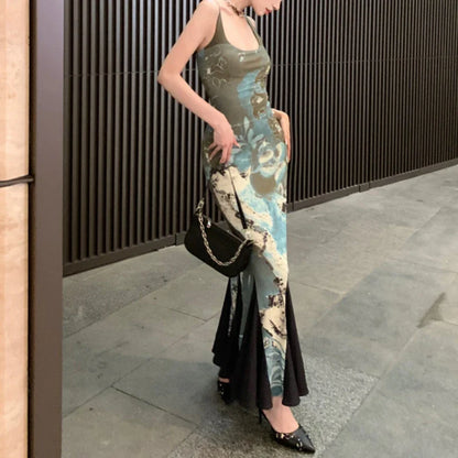 Territory Japanese Floral Printed Elegant Fishtail Dress Women 2024 Summer New Contrast Color Patchwork Sexy Backless Mid-length Dress