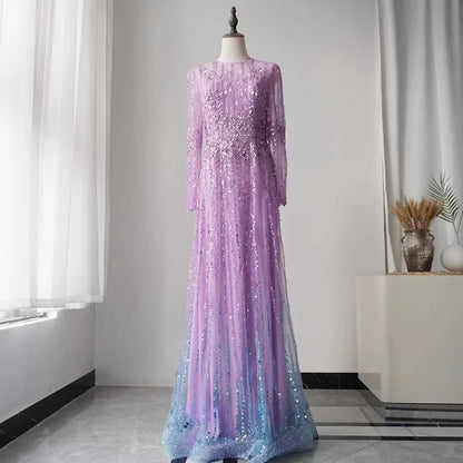 Territory Purple A Line Long Sleeves Muslim Arabic Elegant Evening Dresses Customized  Luxury Party Gowns For Women