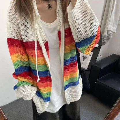 Territory Harajuku Y2k Knitted Cardigans Women See Through Oversized Hollow Out Striped Crochet Top Sweaters Aesthetic Streetwear