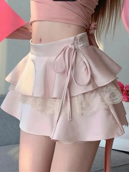 Territory Kawaii White Ruffle Mini Skirt Women Korean Fashion Cute Short Skirt Lady Summer Bandage Lace Double-layer High Waist Sexy Skirt