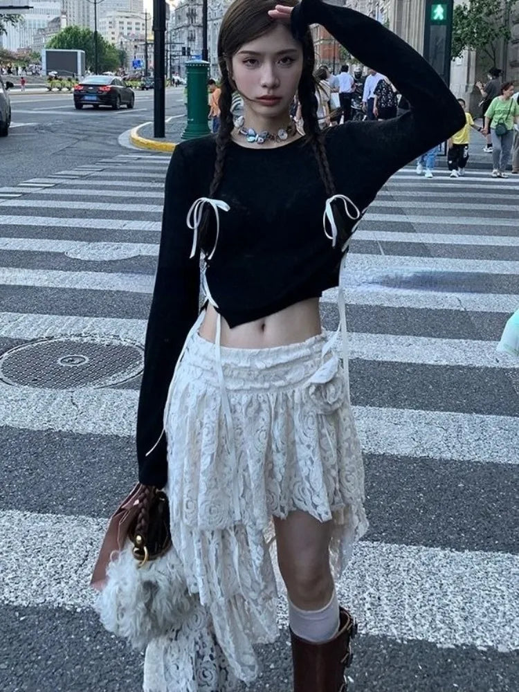 Territory Lace Crochet Irregular Streetwear Sweet Skirts Y2k Aesthetic 3D Flower High Waist Skirt Ruffled Women Fairy Sexy Harajuku Faldas