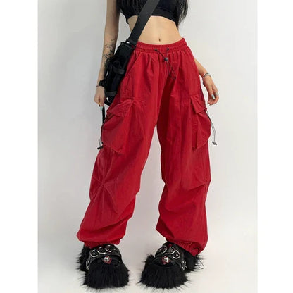 Territory Cyber Y2K Red Parachute Pants Women Kpop Streetwear Gray Cargo Trousers Oversized Egirl Punk Black Wide Leg Pantalones