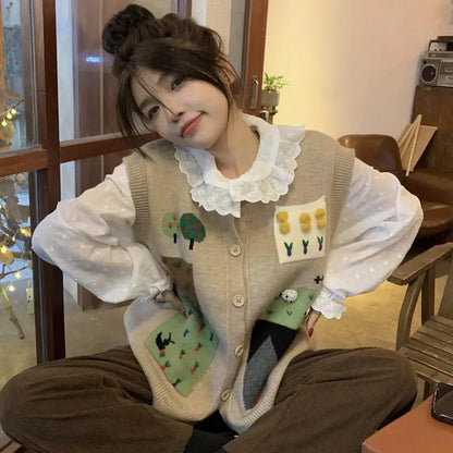 Territory Korean Spring Autumn Long Sleeve White Shirts Women Flare Sleeve Kawaii Collar Ruffle Blouse Knitted Vest Sets