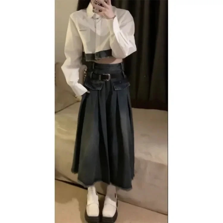 Territory Korean Simple Lapel Neck White Long Sleeve Shirts Women+ Y2k E-Girl High Waist Denim Skirts 2024 Autumn New Two Piece Sets