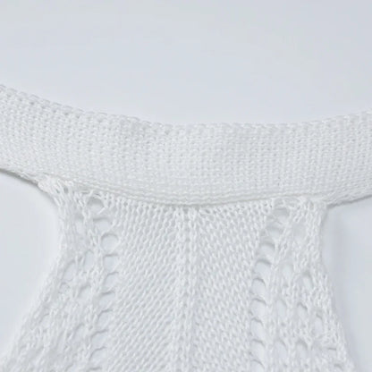 Territory Hollow Knit Halter Mini Dresses White Crochet See Through Vacation Outfits for Women Cute Sexy Clubbing Dress