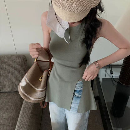 Territory High Street Fashion All Match Knitted Camisole Women 2024 Spring New Korean Asymmetric Sexy Slim Split Solid Color Tops