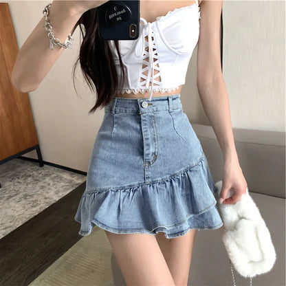 Territory  Vintage Ruffles Denim Mini Skirt Women Y2K 2000S High Waist Jeans Hip Wrap Skirts Streetwear Korean Cute Slim A Line Skirt